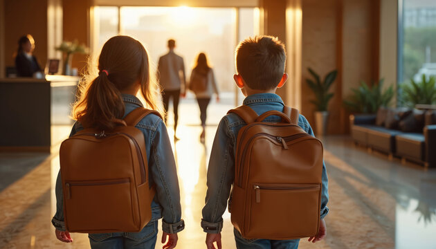 Two kids with backpacks enter modern hotel lobby with family. Boy, girl follow parents to reception desk for check-in. Children arrive at resort for summer vacation, starting travel journey.