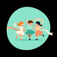 Three joyful girls dancing with ribbons in a playful cartoon style against a solid background
