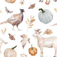 Watercolor Seamless Pattern Background with goat, butterfly and pheasant. Cozy autumn design. Whimsical vintage element in cottagecore style for invitation, social media and posters.