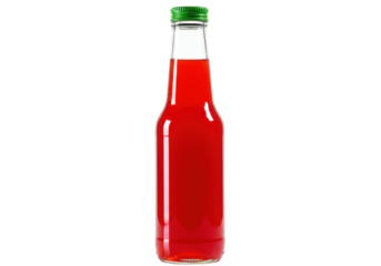 Red soda bottle isolated, refreshing beverage with green cap on transparent background, sweet drink for summer refreshment