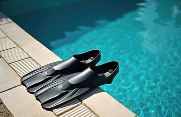 Black swimming flippers on pool edge. Flippers on tiled floor by indoor swimming pool with clear blue water in sunlight. Pair of wet swim fins for training.