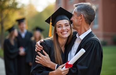Woman in graduation gown, cap hugs older man. Female student holds diploma with red ribbon. Man kisses woman on cheek. Graduates in background on university campus. Young woman with long brown hair