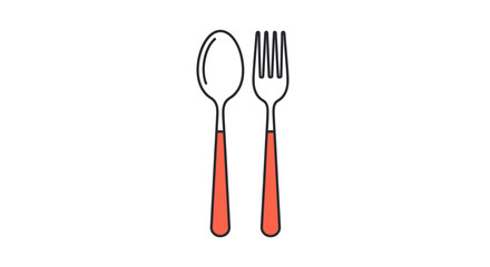 A simple line art illustration of a spoon and fork with reddish-brown handles.