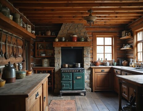 Interior of rustic kitchen in traditional log cabin. Old vintage stove stands in stone fireplace. Wooden furniture, shelves with antique pottery, cookware. Cozy country farmhouse design, simple - Powered by Adobe