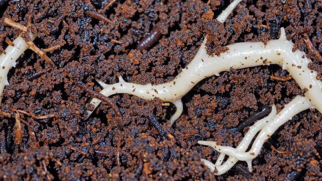 Root system extending through rich dark soil, exposing intricate underground growth, capturing nutrient absorption process at microscopic detail