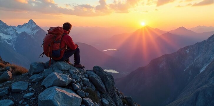 Golden Sunrise Summit Backpackers Triumphant View of Majestic Mountain Landscape