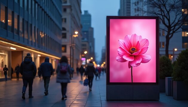 City street at dusk with prominent digital billboard. Displays vibrant pink flower, eye-catching against metropolitan setting. Pedestrians walk past on sidewalk. Evening urban life with modern