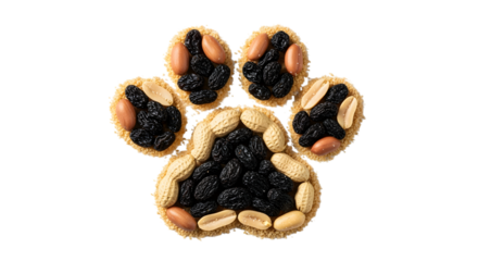 Adorable dog paw print formed from healthy peanuts and raisins snack treat idea