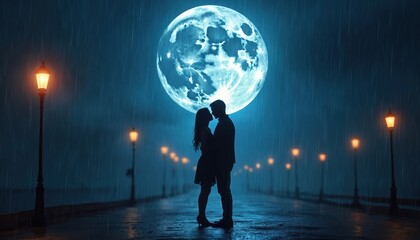 Obraz premium Young couple stand in close embrace as romantic silhouettes under huge blue full moon at night. Rain falls gently on wet path lined with glowing vintage street lamps. Lovers share truly passionate,