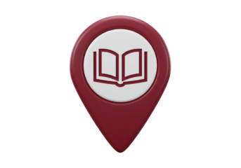 Maroon map pointer with book icon isolated PNG, location pin for library or bookstore on transparent background