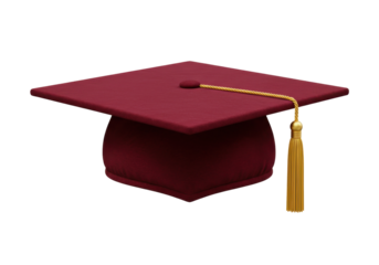 Maroon graduation cap PNG isolated on transparent background, academic mortarboard with gold tassel for commencement ceremony