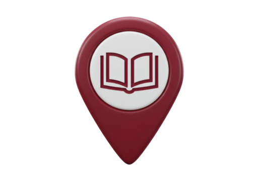 Maroon map pointer with book icon isolated PNG, location pin for library or bookstore on transparent background