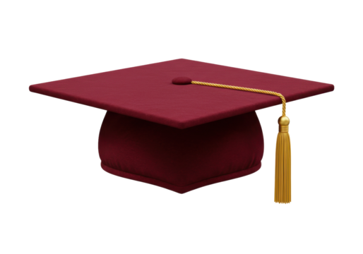 Maroon graduation cap PNG isolated on transparent background, academic mortarboard with gold tassel for commencement ceremony
