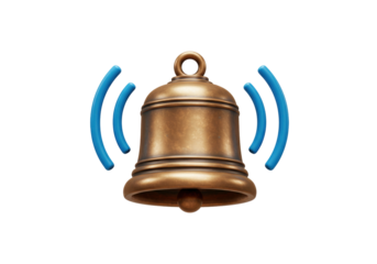 Shiny bronze bell PNG isolated on transparent background, ringing notification alert for attention and reminder, vintage alarm for service