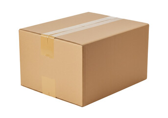 Cardboard box with tape isolated PNG, brown container for shipping and storage on transparent background