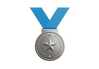Silver medal with blue ribbon isolated PNG, award for sports competition and achievements on transparent background