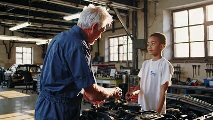 Experienced mechanic mentoring trainee, demonstrating complex engine repair techniques inside busy automotive workshop, sharing professional expertise with emerging technician