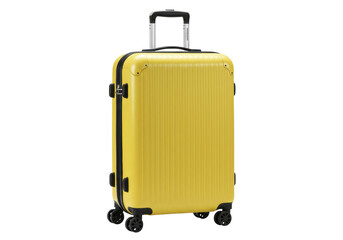 Yellow hard shell suitcase isolated PNG, modern luggage with wheels for travel and vacation on transparent background