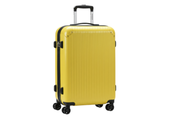 Yellow hard shell suitcase isolated PNG, modern luggage with wheels for travel and vacation on transparent background