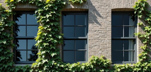 Sash windows on brick house facade with green ivy vines. Modern window frames on grey stone townhouse exterior. Elegant building architecture with rich foliage. Serene exterior of traditional