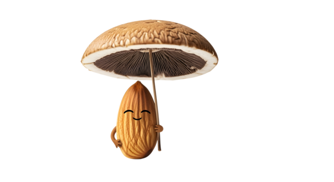 Whimsical smiling almond character holding mushroom umbrella, charming nutty delight
