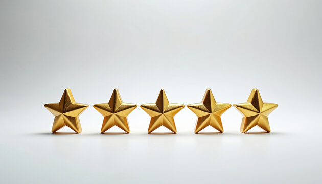 Five golden stars lined up. Symbolize excellent service, top quality and client satisfaction. Great user experience from customer. Represents a positive review or rating on social media.