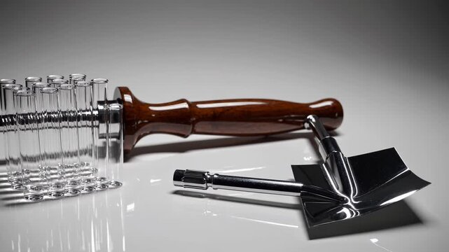 Scientific soil sampling equipment arranged precisely, displaying professional laboratory tools for environmental testing and research analysis on clean white surface