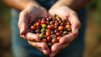 Hands hold diverse colorful coffee beans. Farmer presents fresh harvest of ripe cherries, raw coffee from plantation. Different stages of eco organic agriculture, quality selection visible, showing