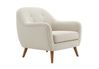 Elegant cream armchair isolated PNG on transparent background, modern upholstered seat with wooden legs for living room furniture