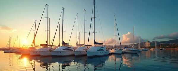 Sailboats rest in harbor during golden hour sunset. Calm sea reflects colorful sky and luxury yachts docked by pier. Coastal city lights twinkle on distant shore.