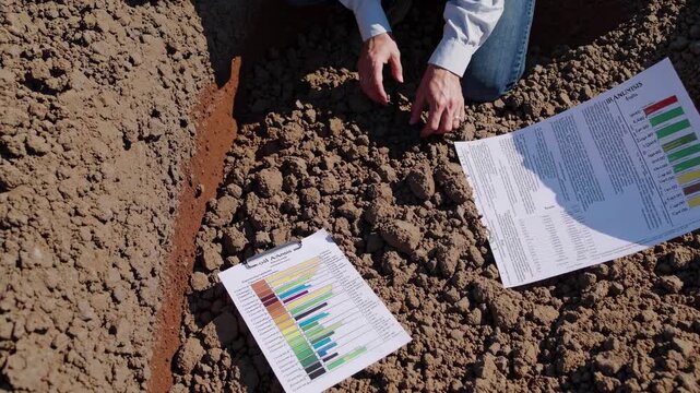 Professional agronomist examining soil samples, comparing analysis reports, evaluating texture and composition for precision agricultural planning