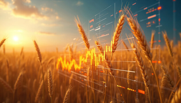 Golden wheat field merges with stock market chart at sunset. Futuristic financial graph shows commodity trading data, prices index. Concept for agricultural business, food security, global economy,