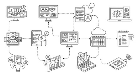 data network flow illustrating digital business process management and data analytics across devices for strategic decision-making in cloud environment