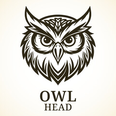Owl. Vector illustration for a mascot or emblem.  Stylized bold tribal-inspired owl head with dynamic thick strokes, fierce eyes and pointed beak in tattoo style.