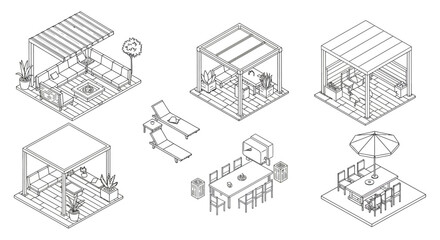 Isometric patio design illustration showcasing different pergola setups and outdoor lounge areas perfect for architectural visualization projects.