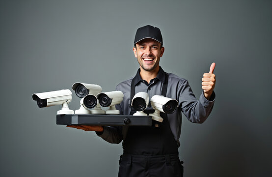 Technician holds multiple surveillance cameras and a DVR system. He gives a thumbs up approval for security system installation. He is smiling and wears work clothes and a cap.