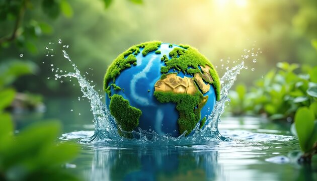 Earth globe with green grass texture falling into water. Concept for environmental protection water resources. Save our planet eco system in world water day concept Earth Day 2025.
