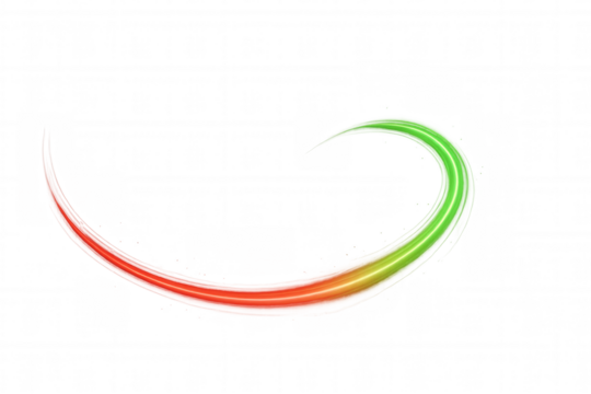 Abstract light trail creating a dynamic curve with red and green gradient on transparent background