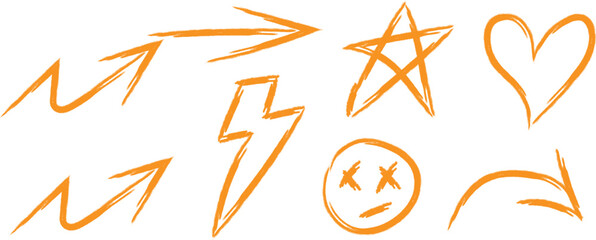 Fototapeta premium Hand drawn doodle icons with arrows star heart lightning bolt and smiley face