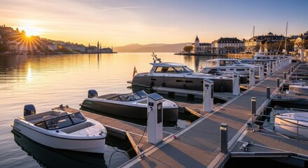 Boats docked at marina during sunrise