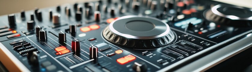 DJ Console Mixer Close-up with Knobs, Faders and Buttons, Music , Equipment
