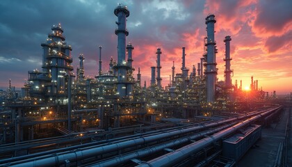 Obraz premium Large petrochemical plant with many pipes, towers on sunset background. Industrial complex with lighting equipment, smoke stacks at dusk. Factory with hydrocarbon processing units, heat exchangers.