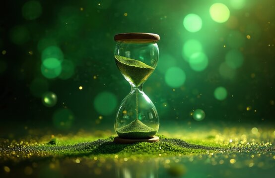 Hourglass with green sand measures passing time on magical bokeh background. Sandglass timer flows with golden glitter counting down every minute. Vintage clock deadlines urgency, flow of life on