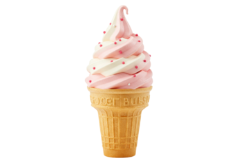 Strawberry and vanilla soft serve ice cream cone isolated PNG, sweet dessert treat on transparent background