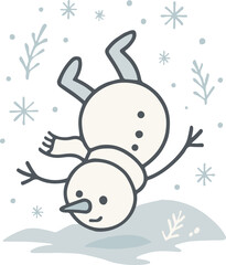 Upside down snowman vector, funny winter character illustration, Christmas humor clipart
