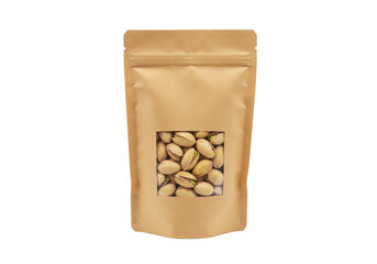 Kraft paper bag with pistachios isolated, stand up pouch with window for snack food packaging on no background