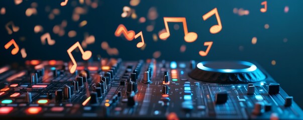 Obraz premium DJ Mixer with Glowing Music Notes Electronic Vibes, Nightlife , EDM