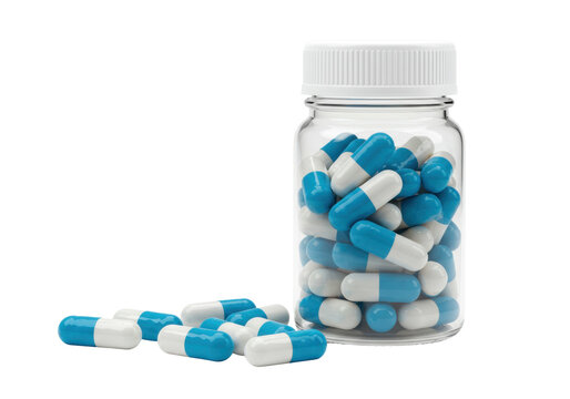 Blue and white capsules in a clear bottle isolated, medication pills for healthcare and pharmaceutical use on no background - Powered by Adobe