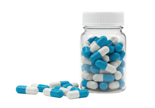 Blue and white capsules in a clear bottle isolated, medication pills for healthcare and pharmaceutical use on no background