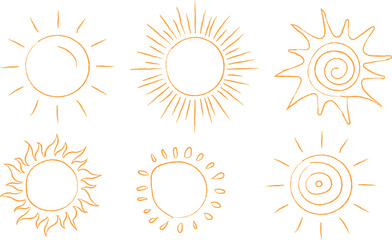 Collection of six stylized sun icons with radiating lines and circular patterns in warm pastel colors